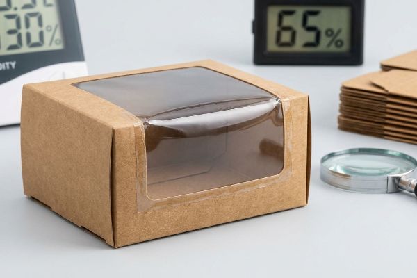 Kraft Window Humidity 65 Brown Kraft paper display case with a clear window patch, next to digital hygrometers showing 30% and 65% humidity.