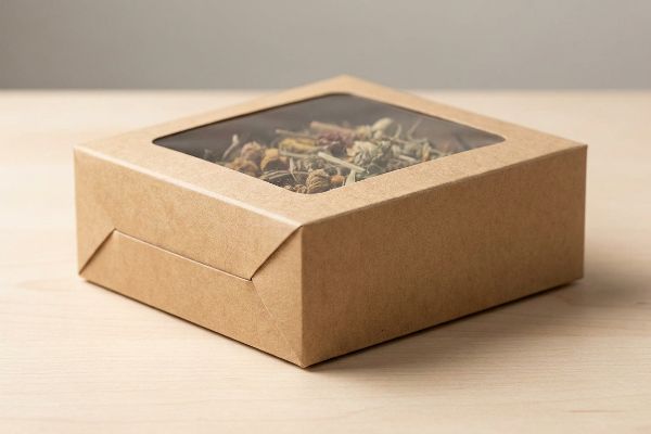Kraft Windowed Botanical Box Brown kraft paperboard box with a clear polymer window displaying various botanical products, showcasing a die-cut windowed box design.