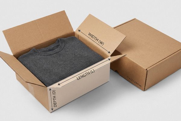 Clothing Box Lwd Illustration Brown cardboard box with grey sweater, showing Length (L), Width (W), Depth (D) for apparel packaging. A 15x12x3 inches box.