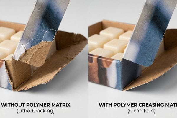 Litho Cracking Polymer Matrix Comparison Comparison of wax melt packaging: a torn hinge Without Polymer Matrix (Litho-Cracking) versus a clean fold With Polymer Creasing Matrix.