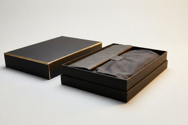 Black Box Gold Trim Open An elegant unboxing experience with a black luxury apparel box featuring gold trim, revealing dark grey fabric and a folded insert.