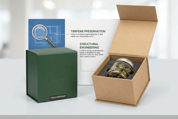 Child Resistant Terpene Packaging Green child-resistant marijuana packaging, open kraft box with cannabis buds, Terpene Preservation.