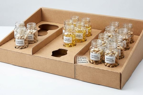 Corrugated cardboard display tray with Powder Capsules, Liquid Softgels, and Enteric Capsules in jars, showing 0.25 Inch (6.35 Mm) clearance.