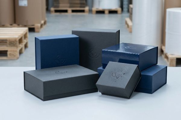 Moisture-resistant navy blue and charcoal gift boxes, featuring matte and glossy finishes with embossed leaf logos, in a warehouse.