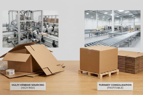 Auf einem Holztisch sind braune Wellpappkartons und Verpackungsklebeband angeordnet, die vor verschwommenen Fabrikhintergründen die Unterschiede zwischen „Multi-Vendor Sourcing (Hohes Risiko)“ und „Schlüsselfertige Konsolidierung (Profitable)“ veranschaulichen.