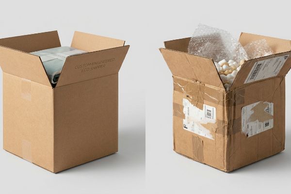 Custom Engineered Eco Shipper Reused Box Clean virgin kraft custom-engineered eco-shipper box compared to a damaged, reused corrugated box filled with bubble wrap and packing peanuts.