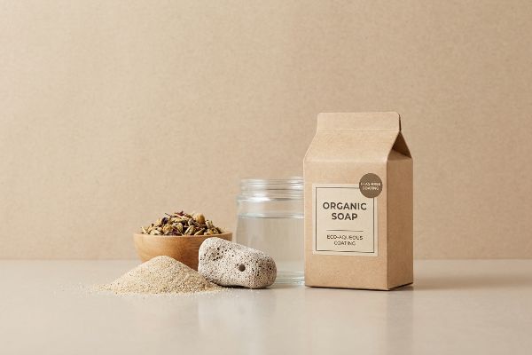 Organic Soap Pfas Free Box Kraft paper box of Organic Soap with Eco-Aqueous Coating and Pfas-Free Coating, alongside sand, pumice stone, water, and dried botanicals.