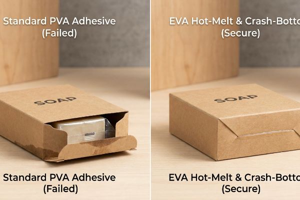 Failed Pva Secure Eva Bottom Kraft paperboard Soap box comparison: failed Standard Pva Adhesive bottom versus secure Eva Hot-Melt & Crash-Bottom.