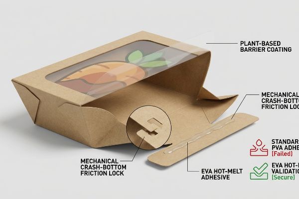 Kraft paperboard food box with Plant-Based Barrier Coating, Mechanical Crash-Bottom Friction Lock, and EVA Hot-Melt Adhesive, contrasting failed PVA with secure EVA validation.