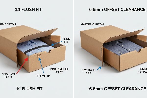 Corrugated packaging comparison highlighting a 1:1 Flush Fit master carton with a torn lip and friction lock, versus a 6.6mm Offset Clearance design featuring a 0.26 inch gap for smooth inner retail tray extraction.