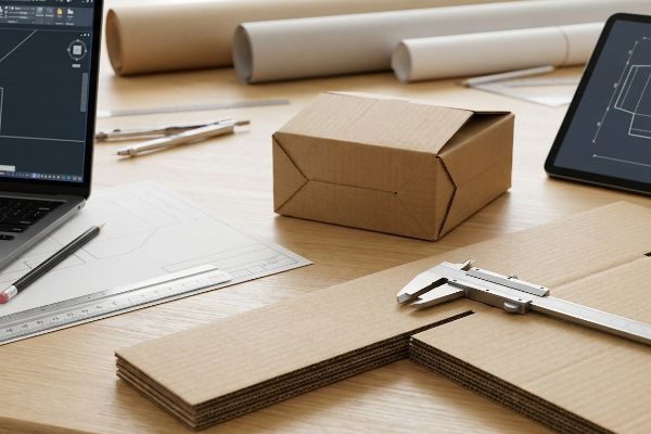Corrugated cardboard sheets being measured with a caliper, alongside a laptop displaying CAD packaging design software and a dieline blueprint.