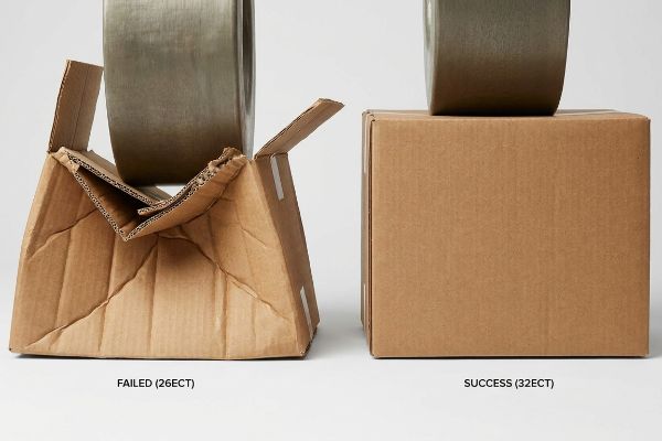 26ect 32ect Box Strength Test Cardboard boxes show ECT performance: a crushed 26ECT box labeled Failed, beside an intact 32ECT box labeled Success, both supporting weights.