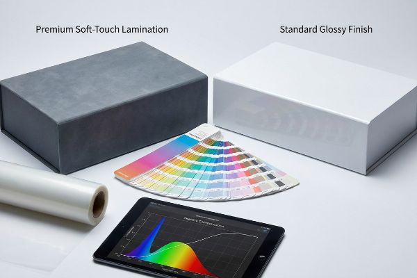 Premium Soft-Touch Lamination dark gray box beside a white Standard Glossy Finish box, with a Pantone color guide, film roll, and tablet showing a color spectrum.