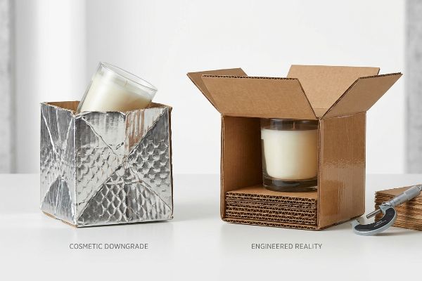 A silver, crumpled box labeled 'Cosmetic Downgrade' holds a tilted candle, contrasting with a secure candle in a brown corrugated 'Engineered Reality' box, with a micrometer.