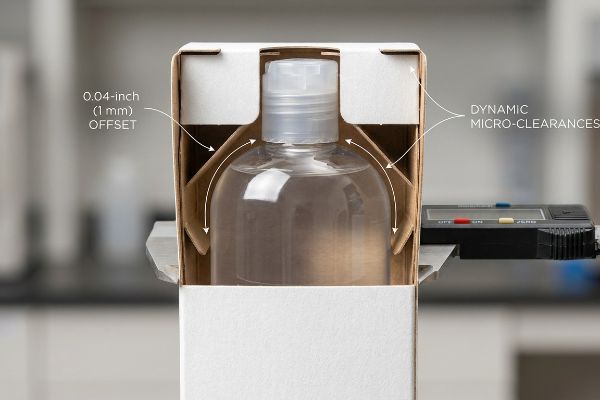 Offset Clearance Caliper Measurement Clear shampoo bottle in paperboard carton, showing 0.04-inch (1 mm) Offset and Dynamic Micro-Clearances, measured by a digital caliper.