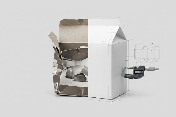 Packaging Quality Measurement A crumpled recycled carton beside a white engineered box, measured by a micrometer at 2.580, with a 0.5 mm bend allowance diagram.