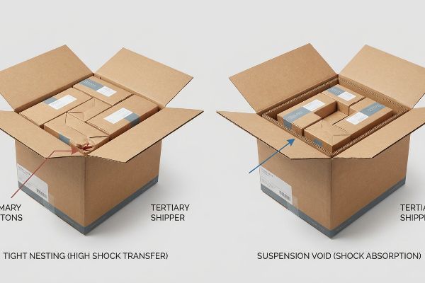 Brown cardboard boxes illustrating Tight Nesting (High Shock Transfer) versus Suspension Void (Shock Absorption) for Primary Cartons in Tertiary Shippers.