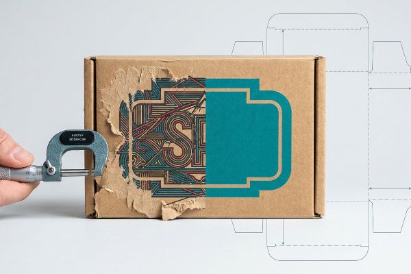 Micrometer Box Thickness Brown kraft corrugated box measured by a micrometer, revealing a torn label with intricate teal line art, and a faint dieline template.