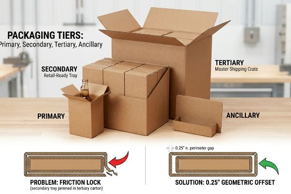 Geometric Offset Friction Lock Corrugated boxes demonstrate Packaging Tiers: Primary, Secondary Retail-Ready Tray, Tertiary Master Shipping Crate, and Ancillary. Diagrams highlight Friction Lock and 0.25" Geometric Offset solution.