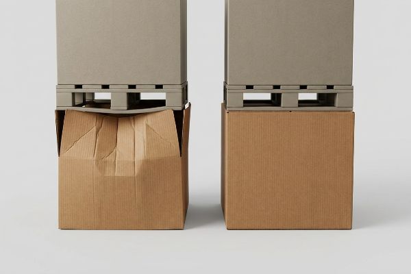 Corrugated Box Crush Comparison Crushed brown corrugated box under gray pallet, next to an intact one, highlighting packaging top-load vulnerability.