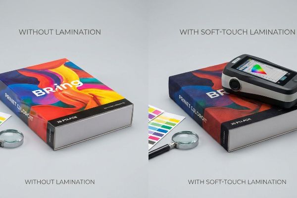 Bright 'BRing Prinet Coloroit' box, 'Without Lamination', displays original print colors with a magnifying glass.