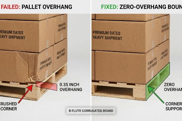 A visual comparison of pallet overhang: a crushed corner on Premium Dates Heavy Shipment boxes due to 0.35-inch overhang, versus a fixed zero-overhang solution with corner support for B-Flute Corrugated Board.