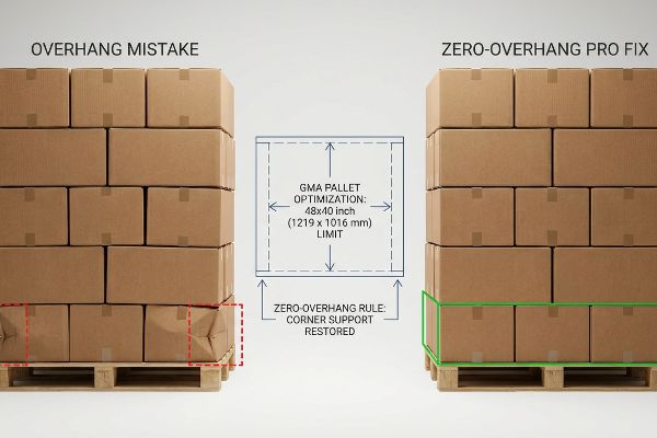Pallet Overhang Fix Comparison Brown cardboard boxes on a GMA pallet illustrating an Overhang Mistake versus a Zero-Overhang Pro Fix for 48x40 inch pallet optimization.