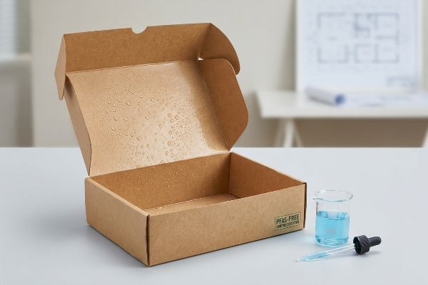 Pfas Free Cobb Water Test Water-resistant brown cardboard box, open with visible droplets and 'PFAS-Free Cobb Certified' stamp, beside a beaker and dropper.
