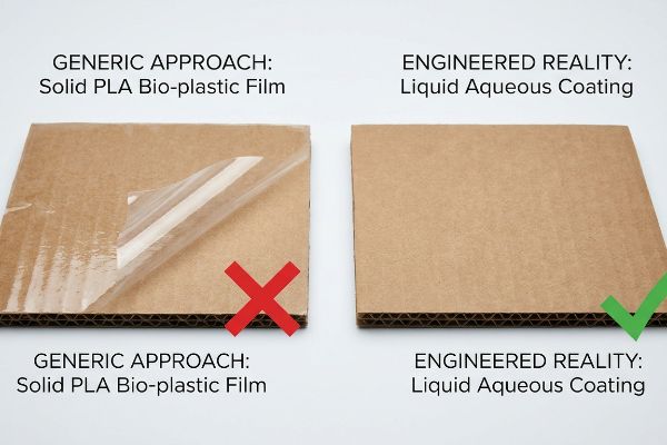 Pla Film Aqueous Coating Comparison Corrugated cardboard compares Solid Pla Bio-Plastic Film peeling (X) to smooth Liquid Aqueous Coating (✓) for packaging.