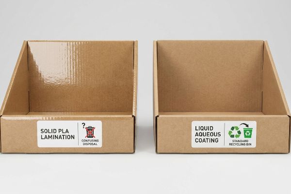 Pla Aqueous Disposal Labels Cardboard boxes contrasting Solid PLA Lamination with "Confusing Disposal" and Liquid Aqueous Coating with "Standard Recycling Bin."