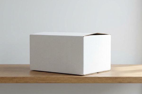 White Corrugated Shipping Box A plain white corrugated cardboard box, suitable for e-commerce fulfillment, rests on a light wooden shelf against a grey wall.