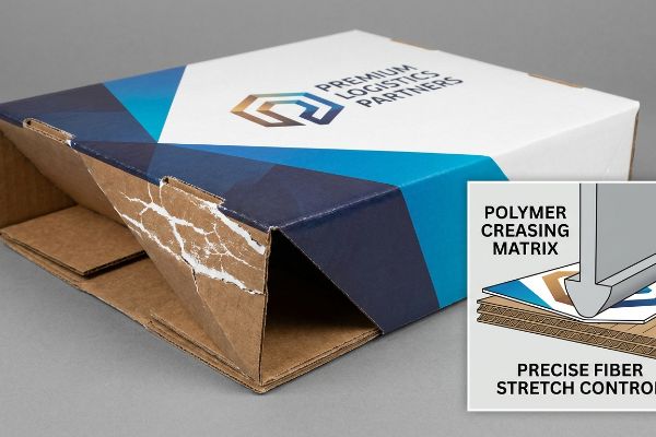 Polymer Creasing Matrix Diagram Cracked litho-laminated box corner exposing raw brown edges, with an inset diagram showing Polymer Creasing Matrix for Precise Fiber Stretch Control.