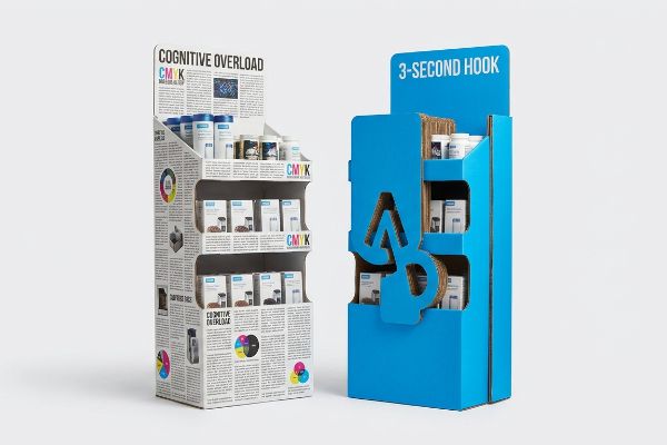 Cognitive Overload 3 Second Hook Displays Corrugated cardboard POP displays, one with 'Cognitive Overload' CMYK text, the other a blue '3-Second Hook' die-cut display.