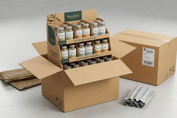 Capsule Popdisplay Master Carton Shipping Broden Nutritions PopDisplay Nutritional Capsules in open corrugated box, master carton, protective inserts.