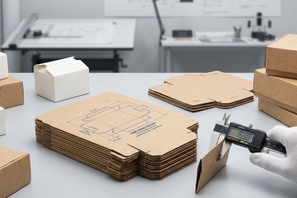 Precision Dieline Caliper Measurement Corrugated cardboard dielines with 'Precision Dieline' blueprint, measured for 1.550mm thickness and 0.04-inch (1 mm) clearance by digital caliper.