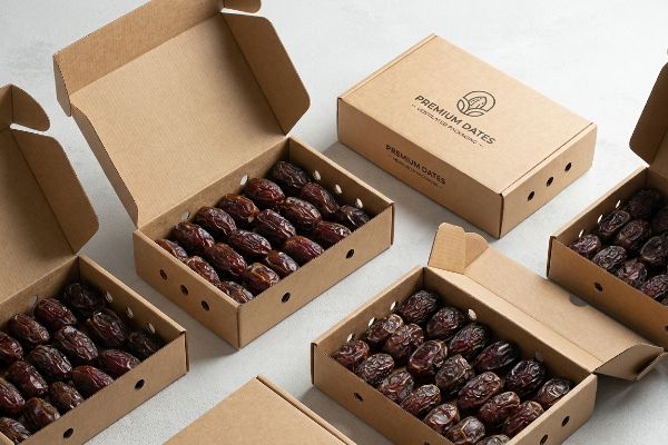 Several open and closed kraft paper boxes display Premium Dates, featuring structural ventilation for fresh fruit packaging.