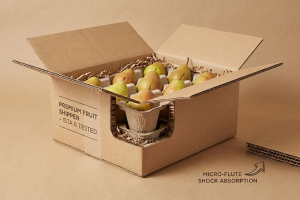 Brown corrugated Premium Fruit Shipper - ISTA 6 Tested box, with pears in molded pulp trays, showcasing micro-flute shock absorption.