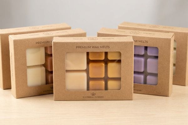 Kraft Window Wax Melts Kraft paperboard boxes with clear viewing windows showcase multi-colored square Premium Wax Melts, highlighting Eco-Friendly Packaging.