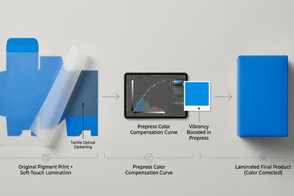 Prepress Color Compensation Soft-touch lamination darkens blue print; Prepress Color Compensation Curve ensures vibrant color.