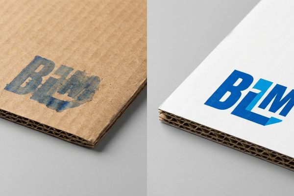 Porous brown corrugated board with a faded blue Bim logo contrasts with a smooth white litho-laminated sheet displaying a crisp blue Bim logo.