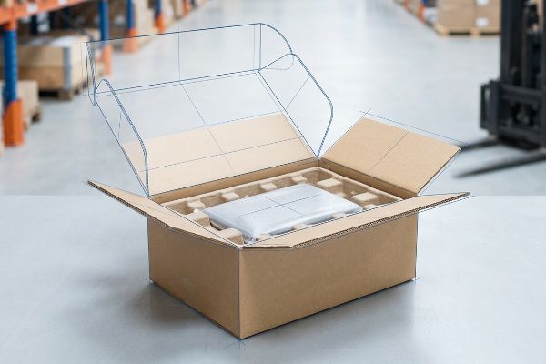 Brauner Wellpappkarton mit blauer Drahtrahmen-Überlagerung, der ein Produkt präsentiert, das durch geformte Zellstoffeinsätze für einen dynamischen Transportschutz in einem Lagerhaus gesichert ist.
