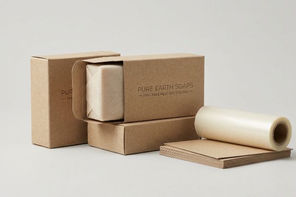 Pure Earth Soaps kraft boxes, PFAS-Free Aqueous Coating, with wrapped soap, flat paperboard, and a clear film roll.