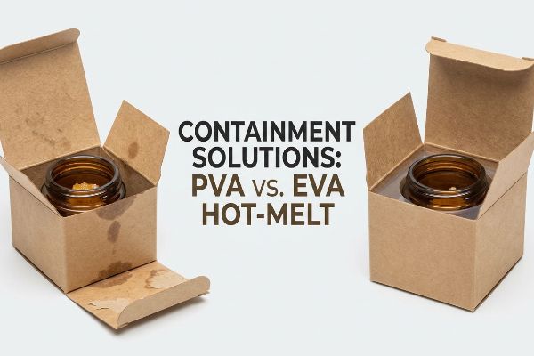 Pva Glue Failure Kraft Box Stained kraft box with failed PVA glue, contrasted with clean box, for 'Containment Solutions: PVA vs. EVA Hot-Melt'.
