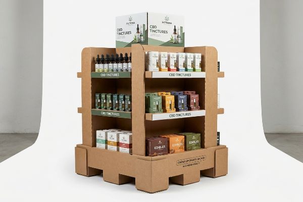 Quarter Pallet Gravity Anchor Corrugated cardboard quarter-pallet floor display with Fictiona CBD Tinctures and Edibles, featuring a Center-Of-Gravity Anchor base.
