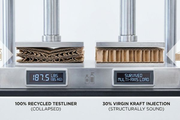 Kraft Injection Testliner Collapse Corrugated cardboard compression test: 100% Recycled Testliner collapsed at 187.5 Lbs (85 Kg); 30% Virgin Kraft Injection structurally sound.