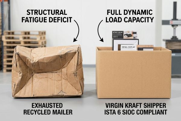 Exhausted Recycled Virgin Kraft Crumpled Exhausted Recycled Mailer, Structural Fatigue Deficit, contrasts pristine Virgin Kraft Shipper, Full Dynamic Load Capacity, ISTA 6 SIOC Compliant.