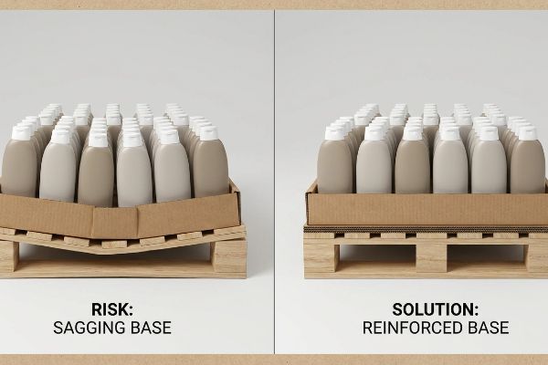 Pallet Base Sagging Solution Corrugated display of shampoo bottles on a wooden pallet, illustrating Risk: Sagging Base versus Solution: Reinforced Base for heavy liquid merchandise.