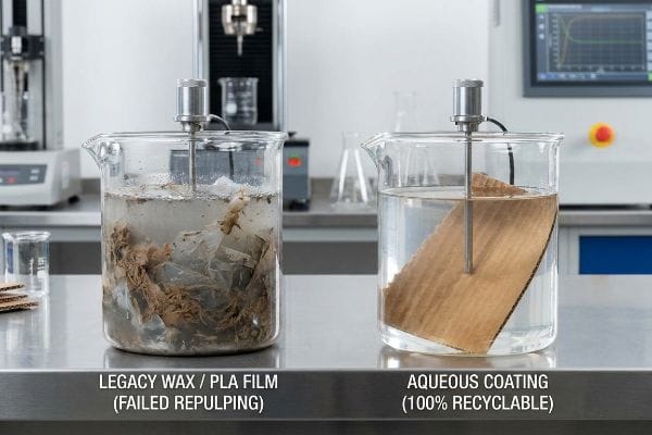 Aqueous Coating Repulpability Test Two clear glass beakers on a stainless steel lab bench, demonstrating a repulping test. The left beaker contains murky water with shredded paper and intact plastic film labeled "Legacy Wax / PLA Film (Failed Repulping)". The right beaker holds clear water with a clean piece of corrugated cardboard, labeled "Aqueous Coating (100% Recyclable)".
