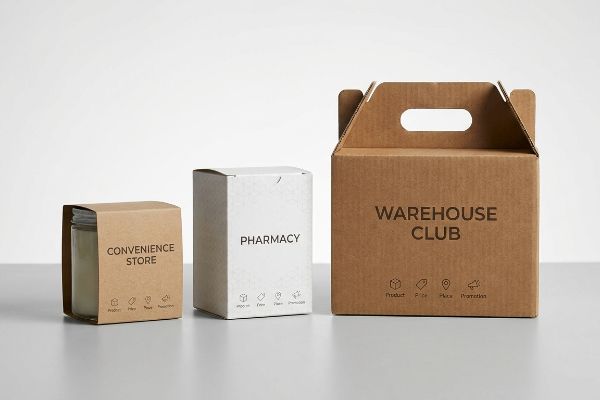 Convenience Pharmacy Warehouse Packaging Brown kraft paper packaging for a Convenience Store, white Pharmacy box, and large Warehouse Club carton, each detailing Product, Price, Place, Promotion icons.