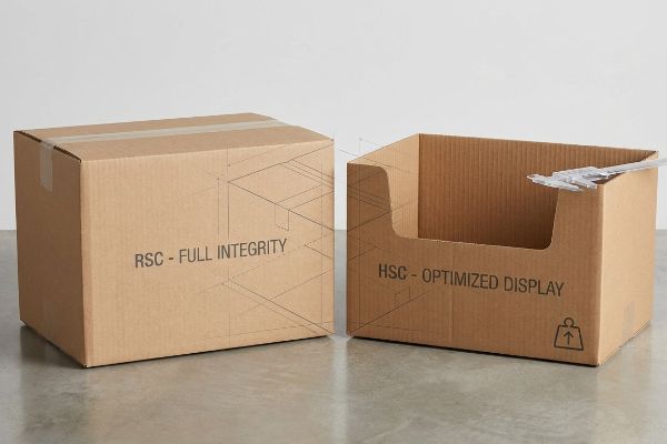 Corrugated cardboard boxes, an Rsc - Full Integrity sealed container and an Hsc - Optimized Display open-top bin with a caliper, featuring geometric CAD overlays.